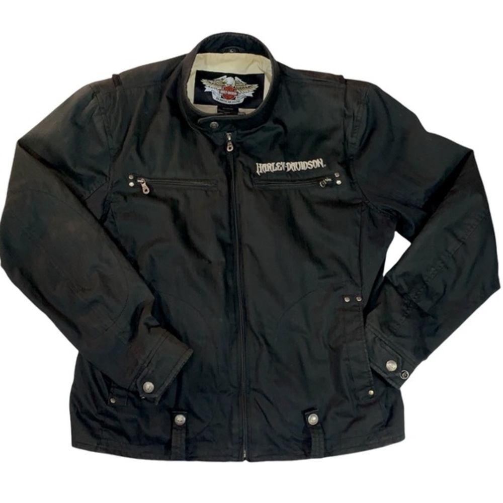 Harley Davidson size L black soft shell riding jacket black skull & wings logo